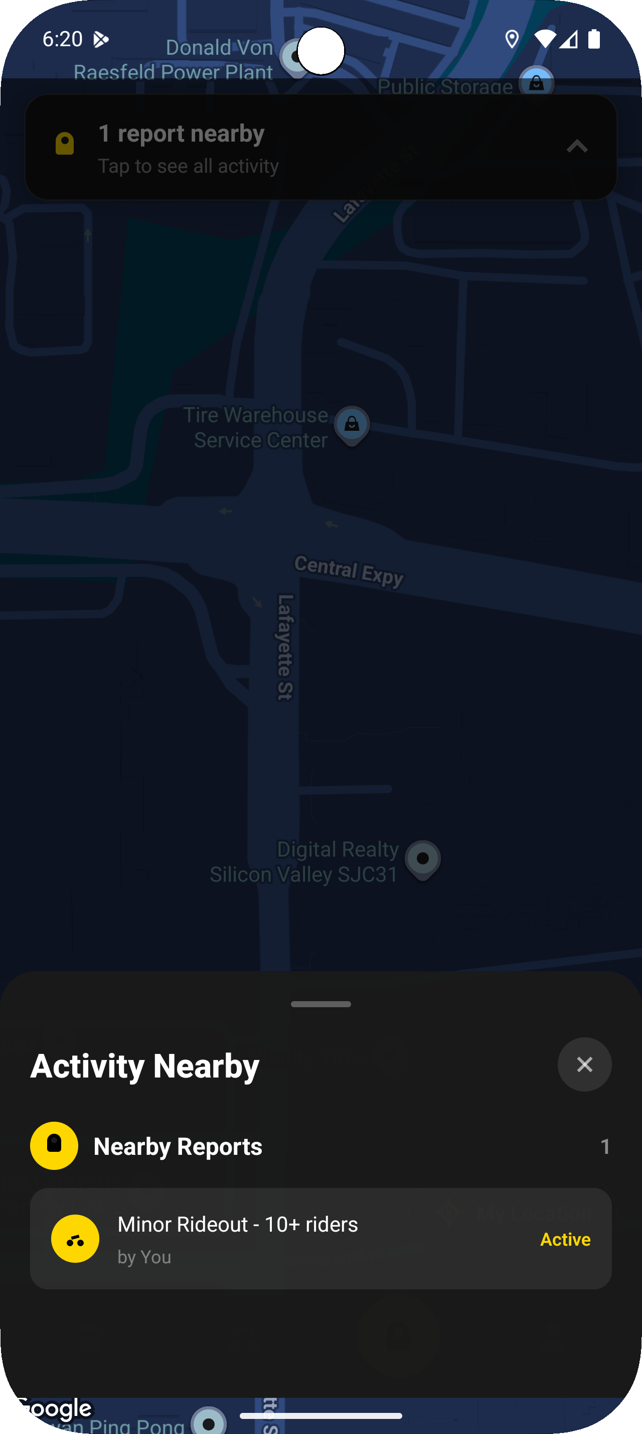 RideLink live map with nearby activity
